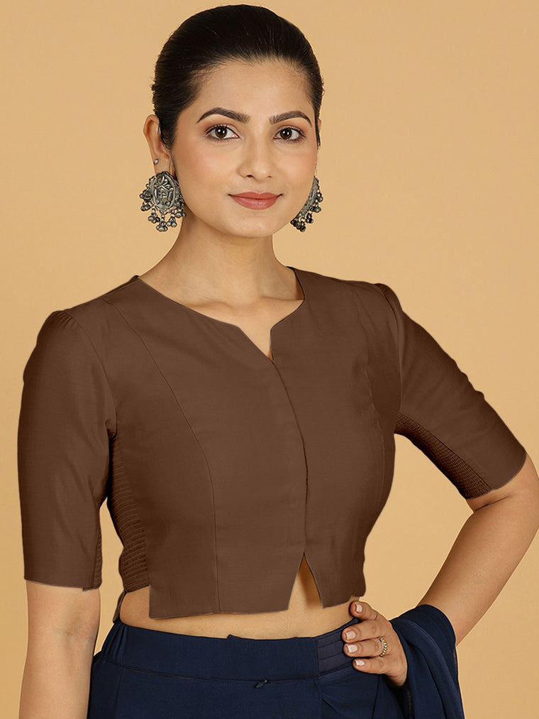 Rekha x Rozaana Saree Blouse, in Brown Viscose, featuring elbow sleeves and round neckline, made for daily & work.
