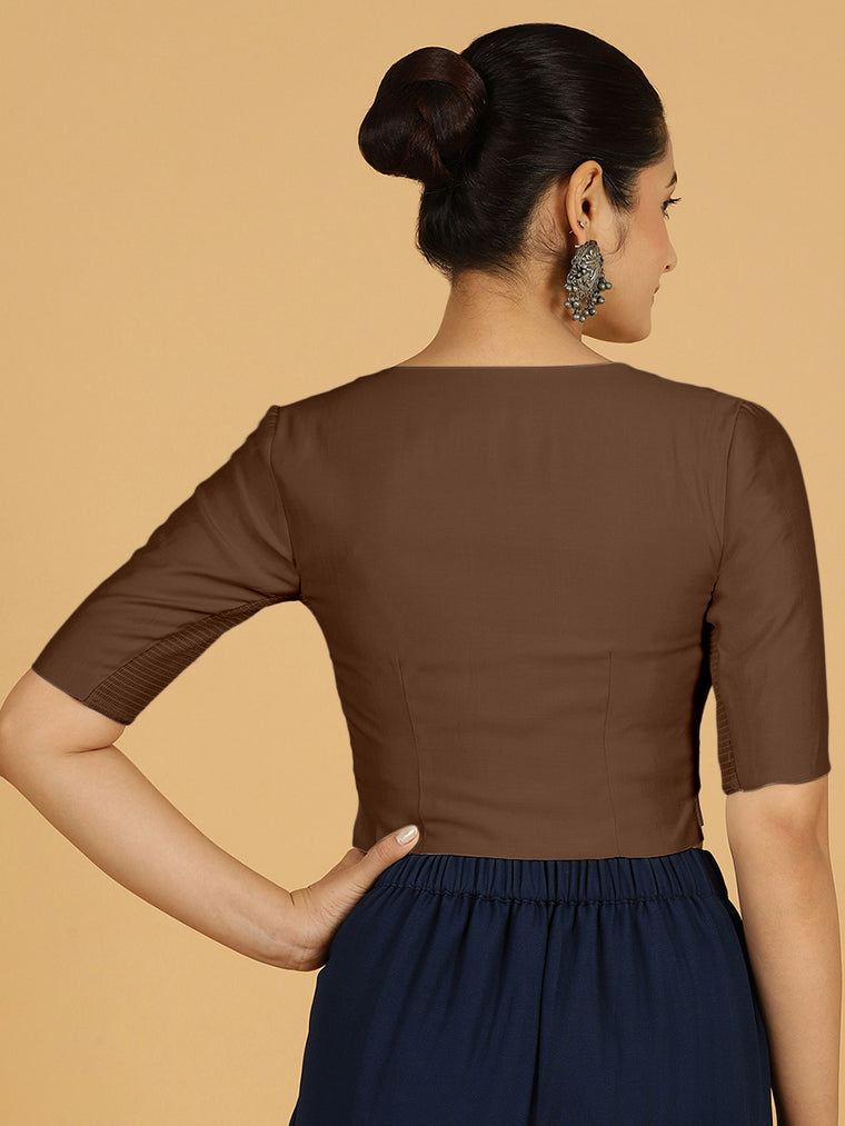 Rekha x Rozaana Saree Blouse, in Brown Viscose, featuring elbow sleeves and round neckline, made for daily & work (view 2).