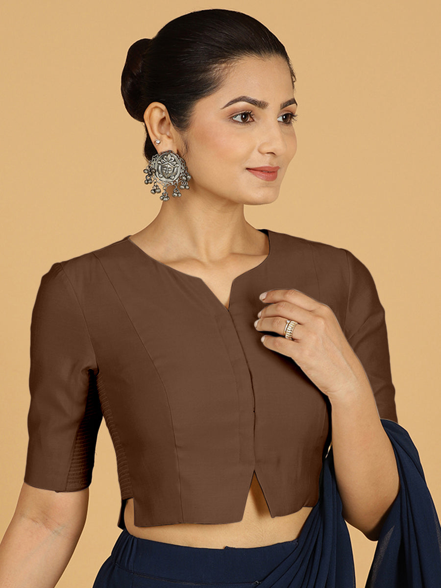 Rekha x Rozaana Saree Blouse, in Brown Viscose, featuring elbow sleeves and round neckline, made for daily & work (view 7).