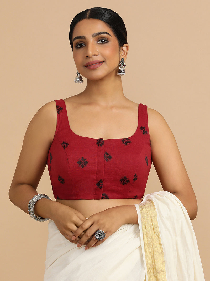 Resham x Rozaana | Sleeveless Saree Blouse in Red Jacquard Cotton-Binks