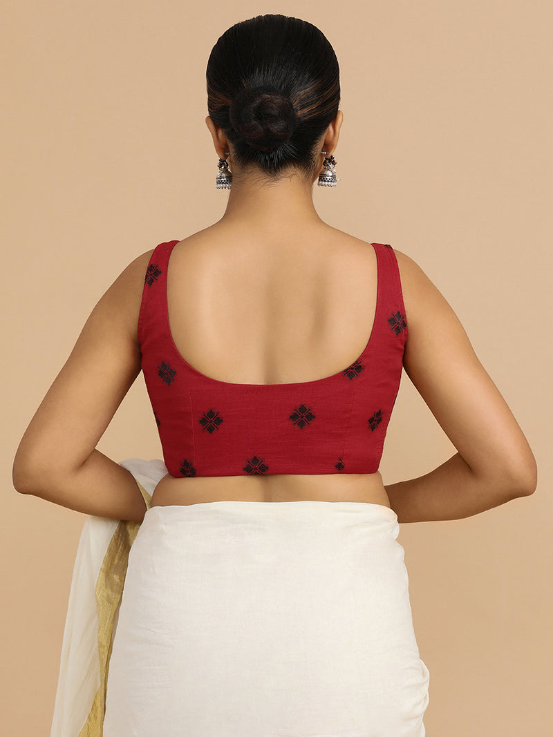 Resham x Rozaana | Sleeveless Saree Blouse in Red Jacquard Cotton-Binks