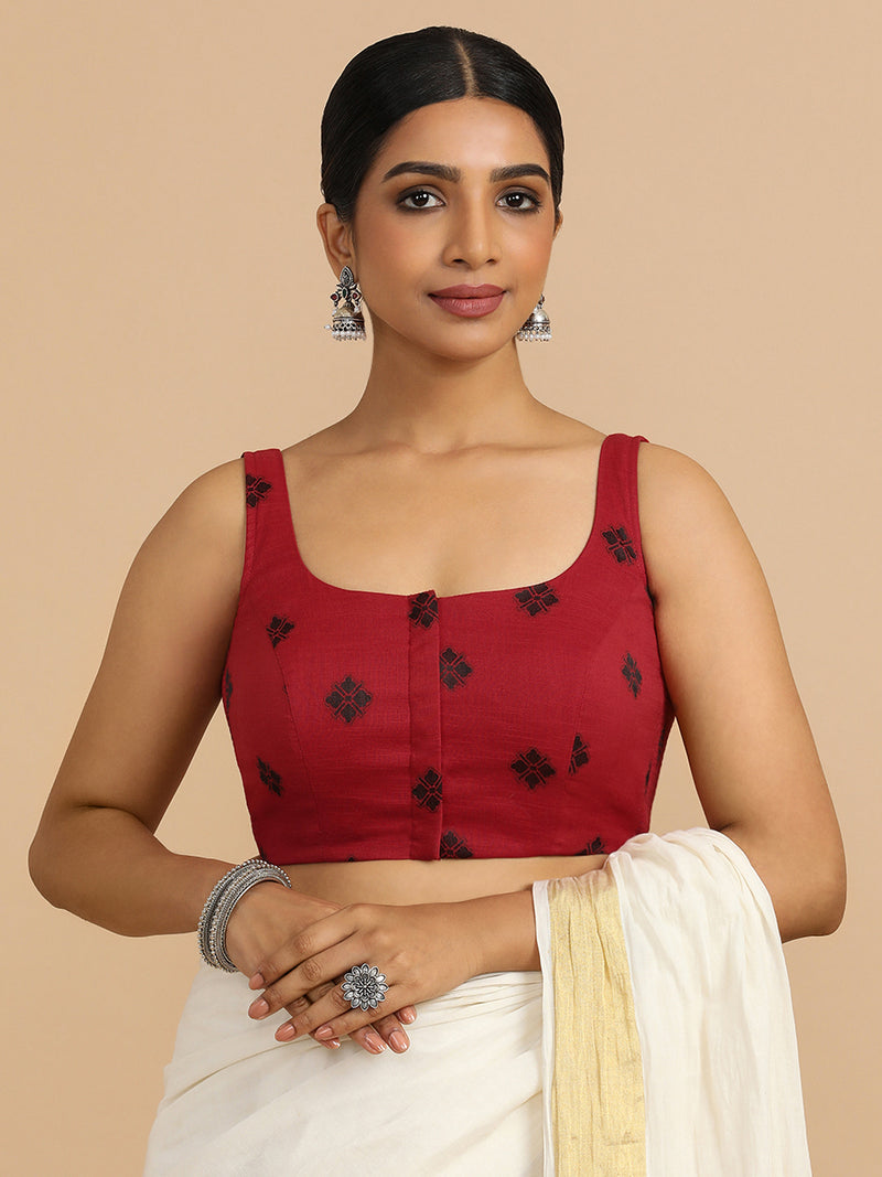 Resham x Rozaana | Sleeveless Saree Blouse in Red Jacquard Cotton-Binks