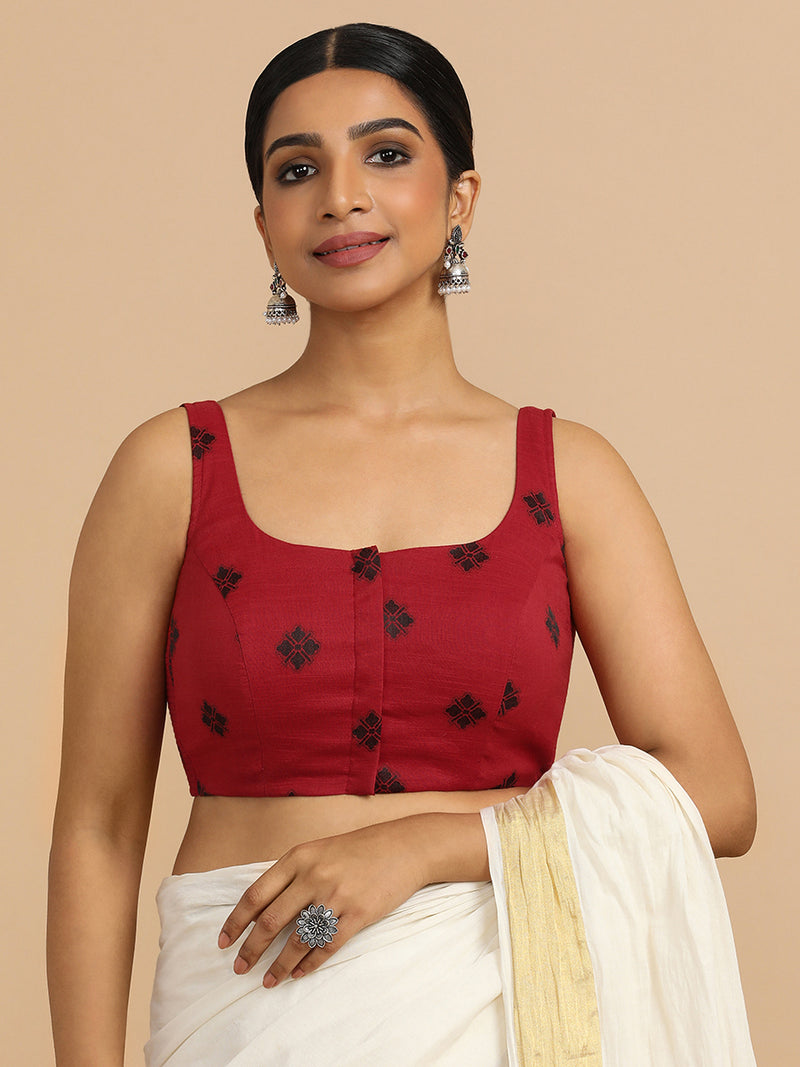 Resham x Rozaana | Sleeveless Saree Blouse in Red Jacquard Cotton-Binks