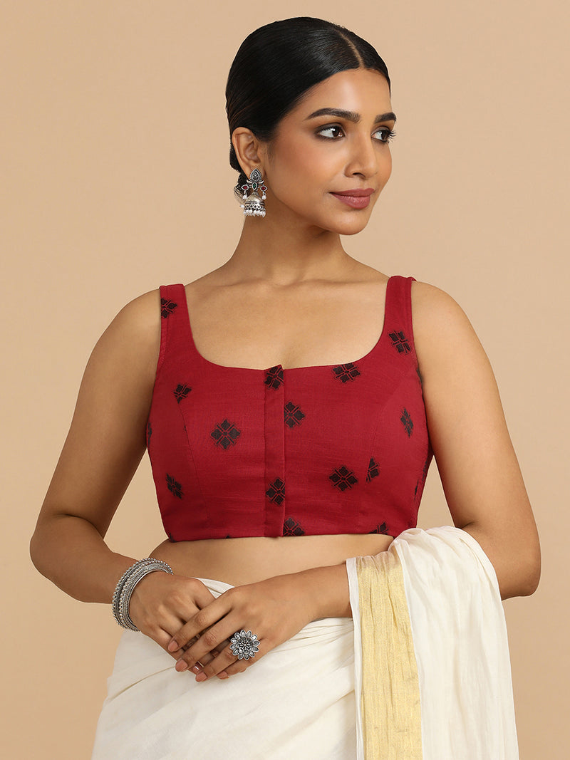 Resham x Rozaana | Sleeveless Saree Blouse in Red Jacquard Cotton-Binks