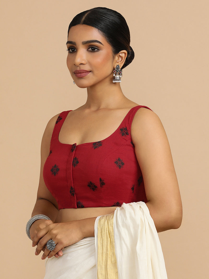 Resham x Rozaana | Sleeveless Saree Blouse in Red Jacquard Cotton-Binks