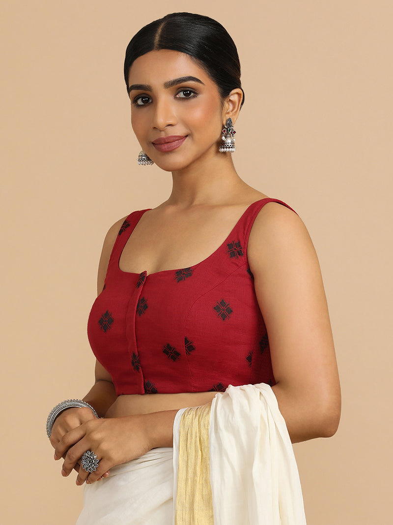 Resham x Rozaana | Sleeveless Saree Blouse in Red Jacquard Cotton-Binks