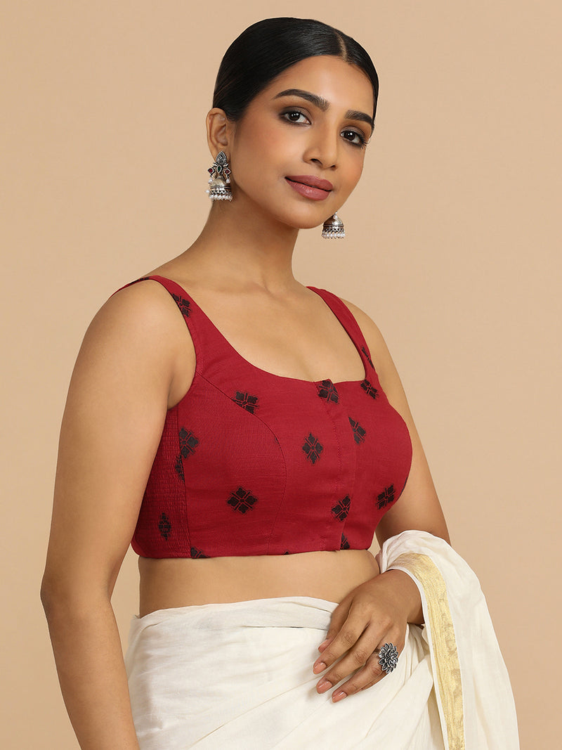 Resham x Rozaana | Sleeveless Saree Blouse in Red Jacquard Cotton-Binks