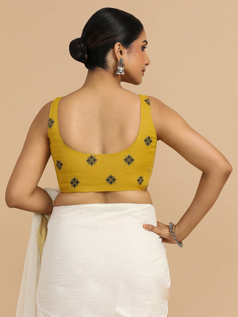 Resham x Rozaana | Sleeveless Saree Blouse in Yellow Jacquard Cotton-Binks