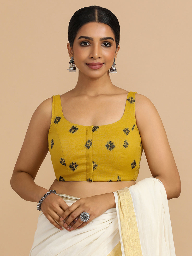 Resham x Rozaana | Sleeveless Saree Blouse in Yellow Jacquard Cotton-Binks