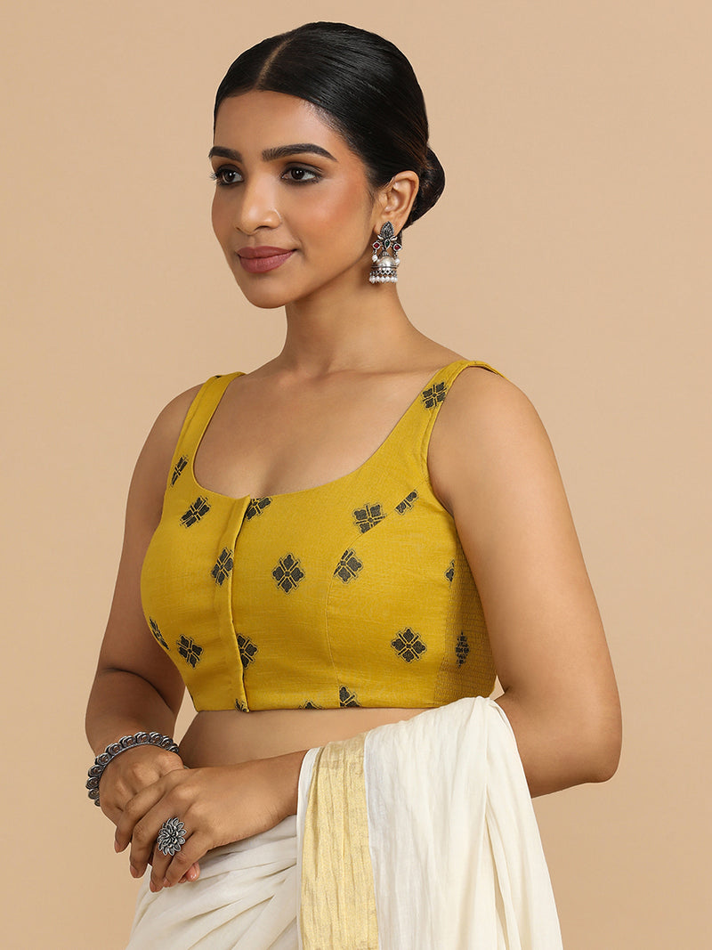Resham x Rozaana | Sleeveless Saree Blouse in Yellow Jacquard Cotton-Binks