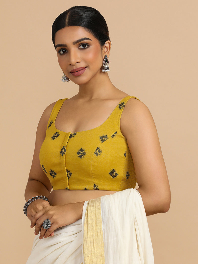 Resham x Rozaana | Sleeveless Saree Blouse in Yellow Jacquard Cotton-Binks
