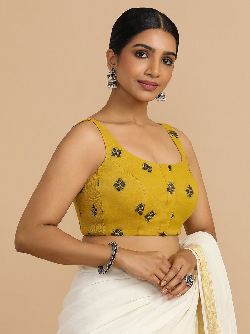 Resham x Rozaana | Sleeveless Saree Blouse in Yellow Jacquard Cotton-Binks