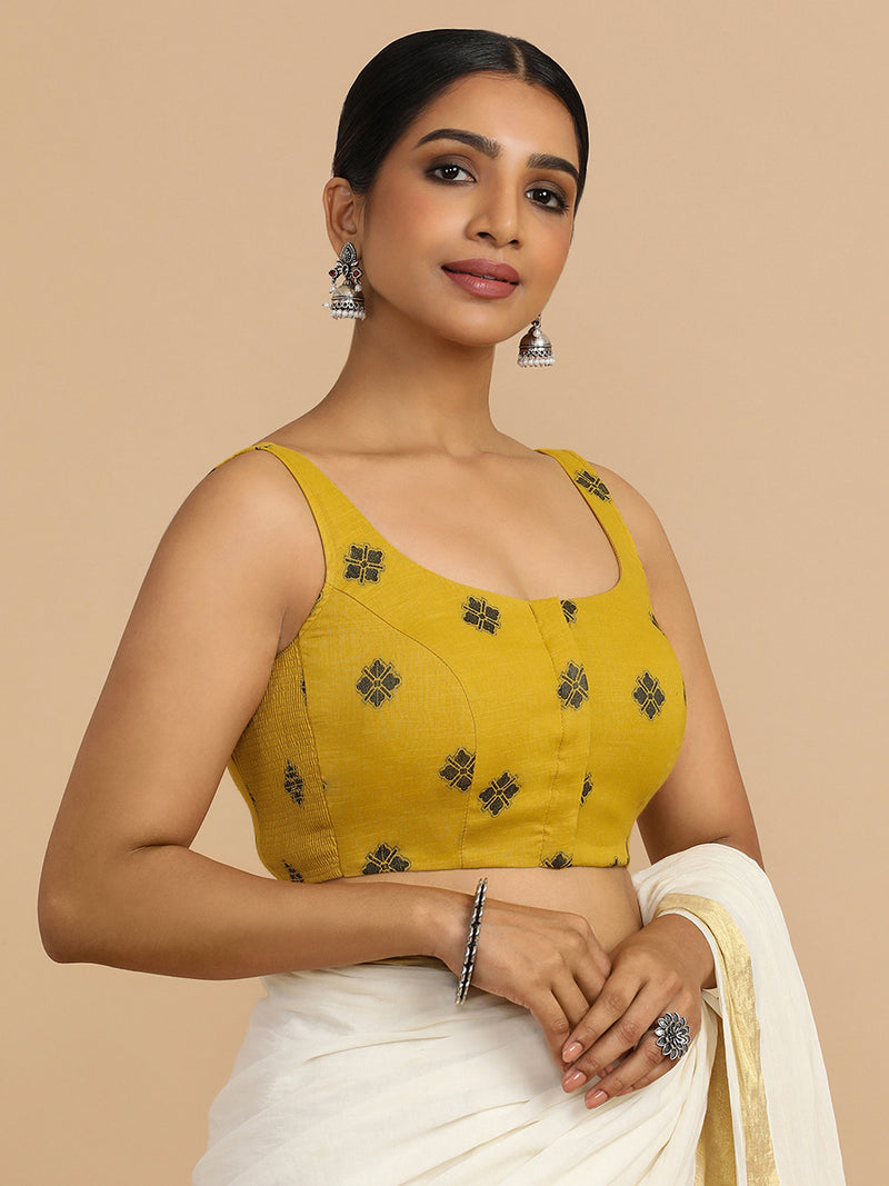 Resham x Rozaana | Sleeveless Saree Blouse in Yellow Jacquard Cotton-Binks