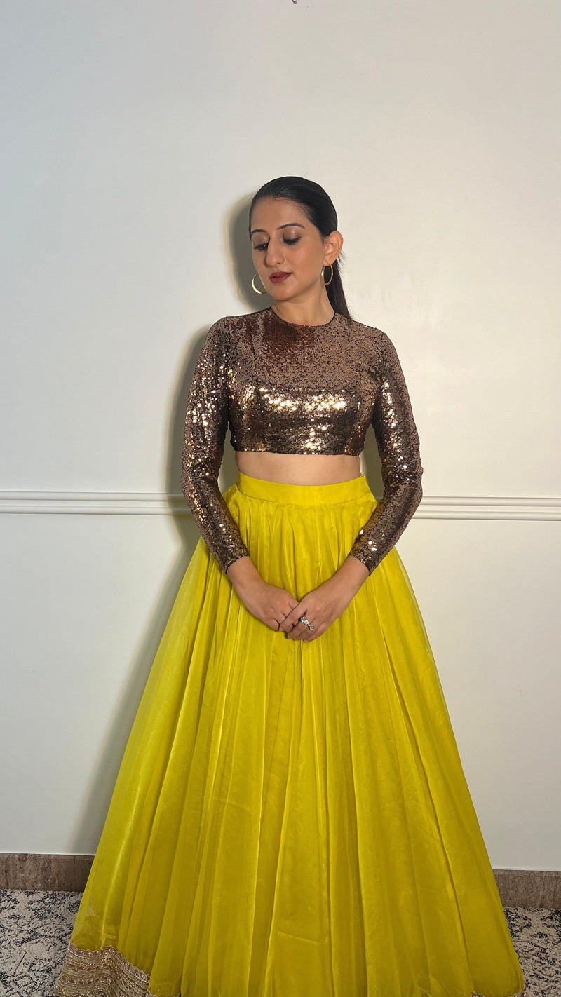 Reva x Tyohaar | Full Sleeves Gold Sequined Shimmer Saree Blouse with Jewel Neck-Binks