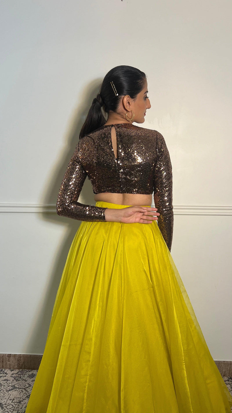 Reva x Tyohaar | Full Sleeves Gold Sequined Shimmer Saree Blouse with Jewel Neck-Binks