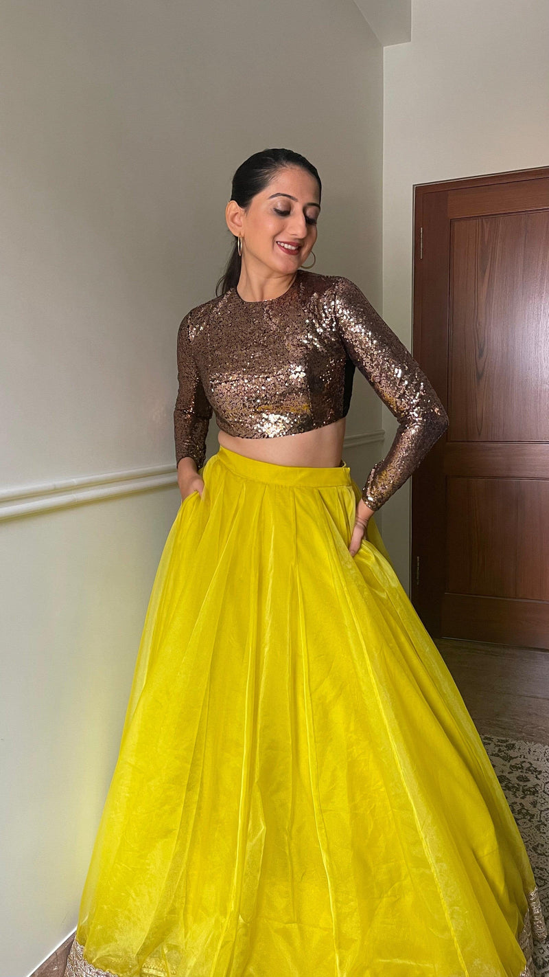 Reva x Tyohaar | Full Sleeves Gold Sequined Shimmer Saree Blouse with Jewel Neck-Binks