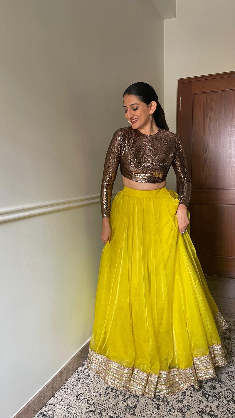 Reva x Tyohaar | Full Sleeves Gold Sequined Shimmer Saree Blouse with Jewel Neck-Binks