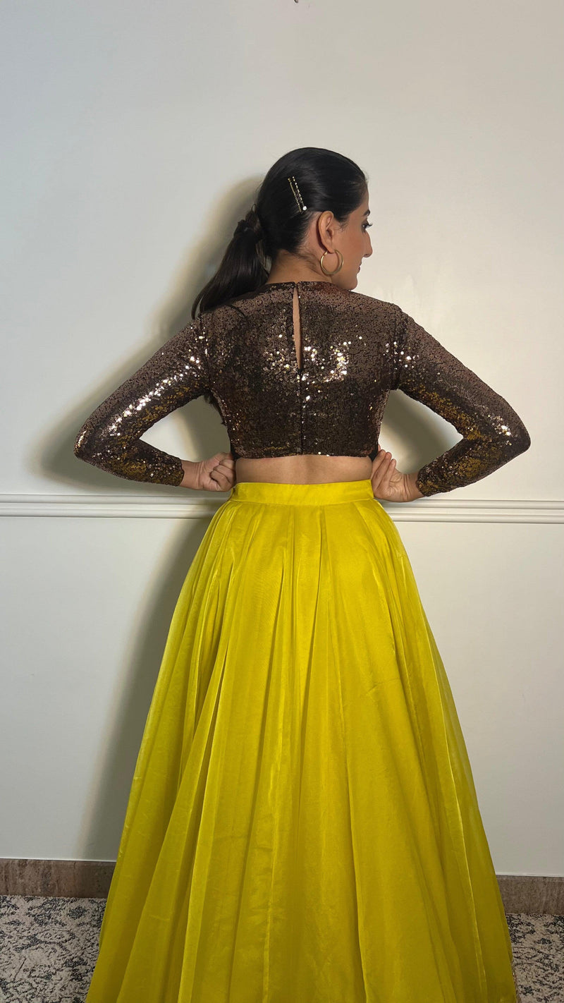 Reva x Tyohaar | Full Sleeves Gold Sequined Shimmer Saree Blouse with Jewel Neck-Binks