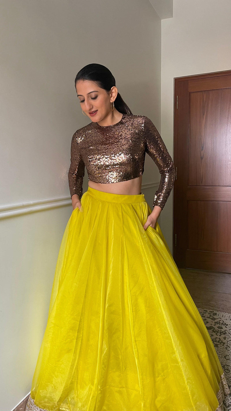 Reva x Tyohaar | Full Sleeves Gold Sequined Shimmer Saree Blouse with Jewel Neck-Binks