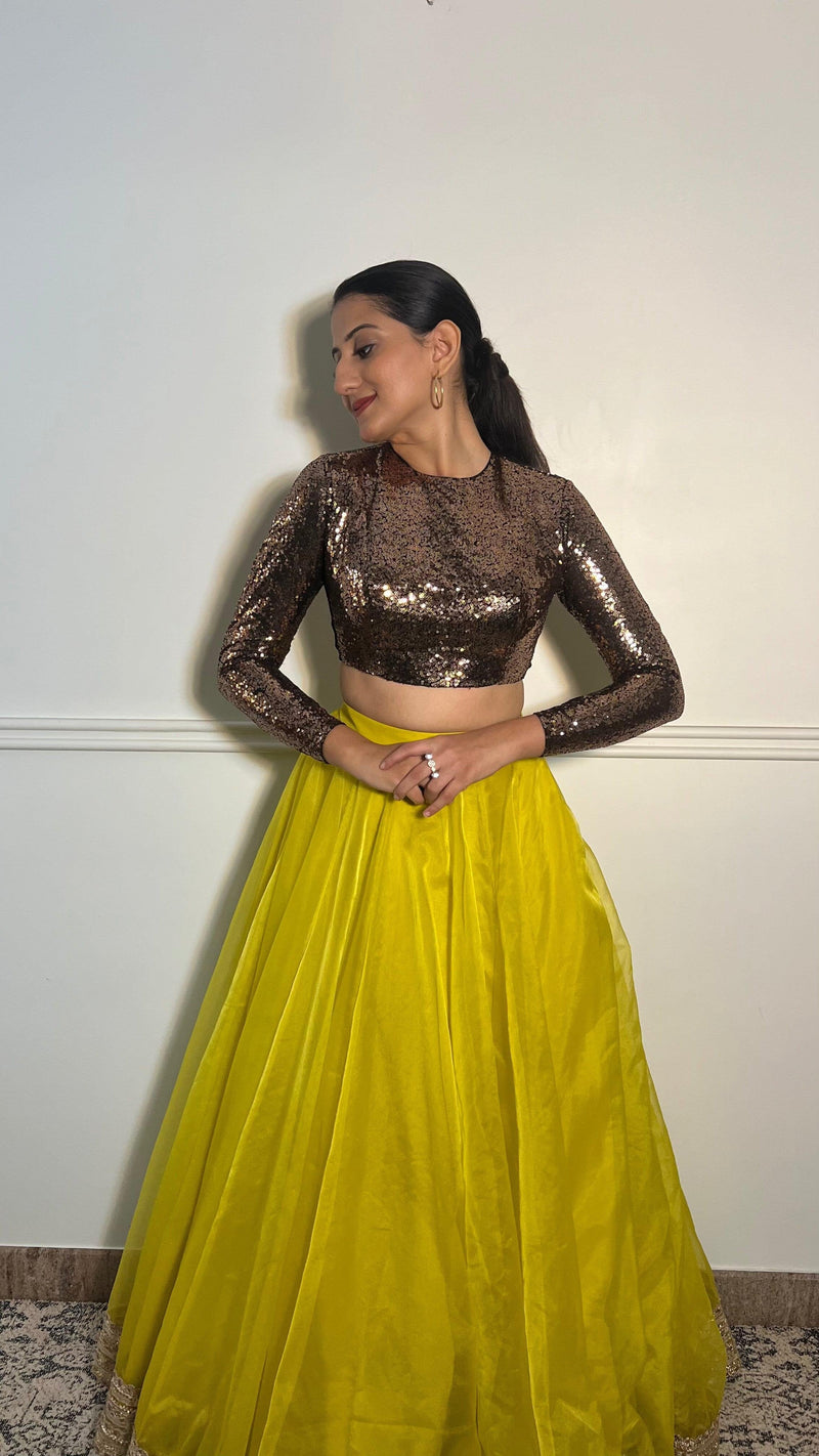 Reva x Tyohaar | Full Sleeves Gold Sequined Shimmer Saree Blouse with Jewel Neck-Binks