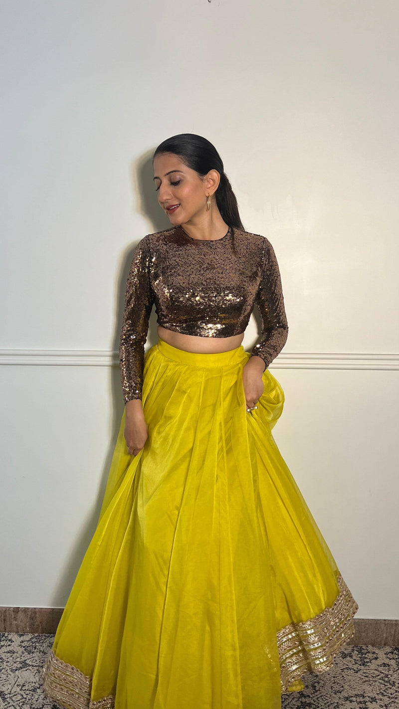 Reva x Tyohaar | Full Sleeves Gold Sequined Shimmer Saree Blouse with Jewel Neck-Binks