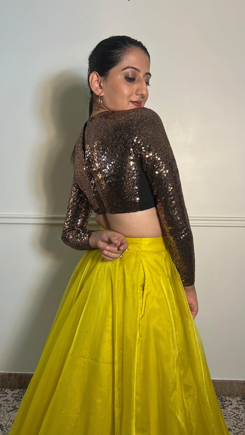Reva x Tyohaar | Full Sleeves Gold Sequined Shimmer Saree Blouse with Jewel Neck-Binks