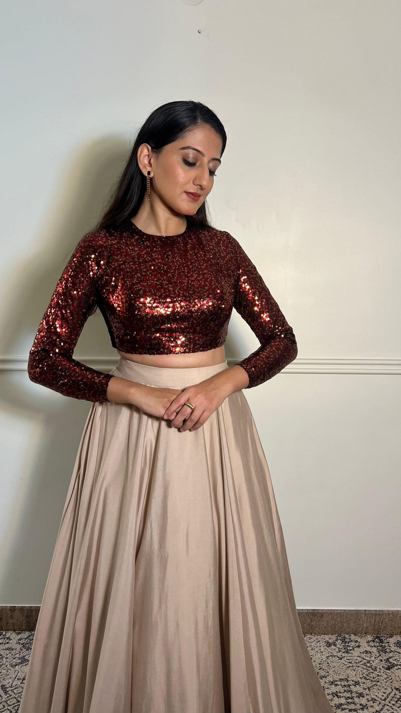 Reva x Tyohaar | Full Sleeves Red Sequined Saree Blouse with Jewel Neck-Binks