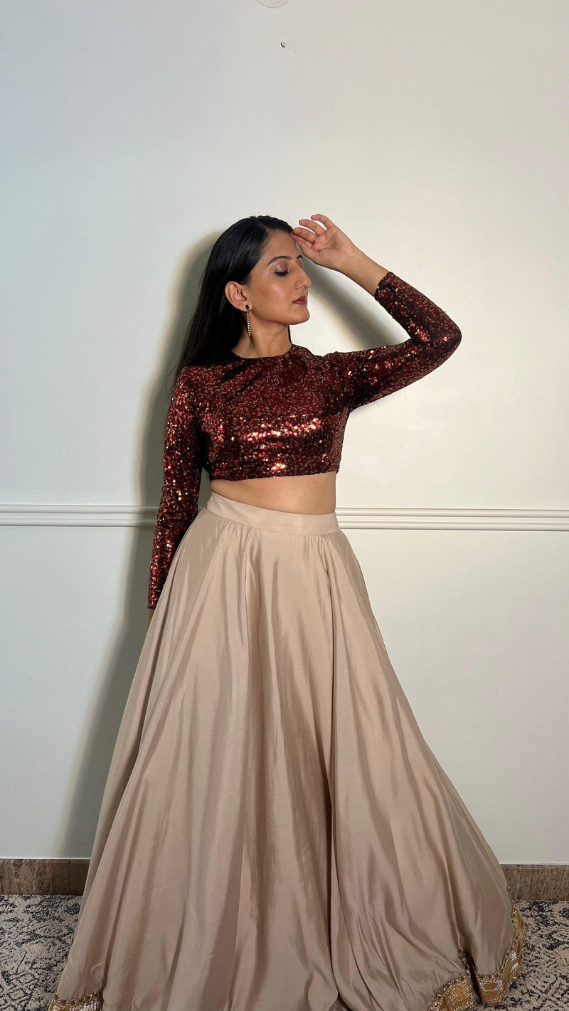 Reva x Tyohaar | Full Sleeves Red Sequined Saree Blouse with Jewel Neck-Binks