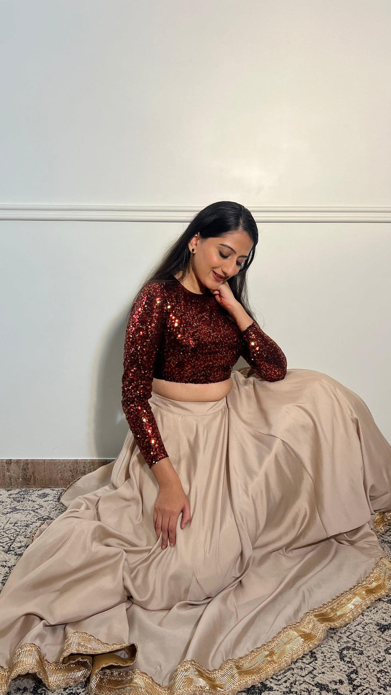 Reva x Tyohaar | Full Sleeves Red Sequined Saree Blouse with Jewel Neck-Binks