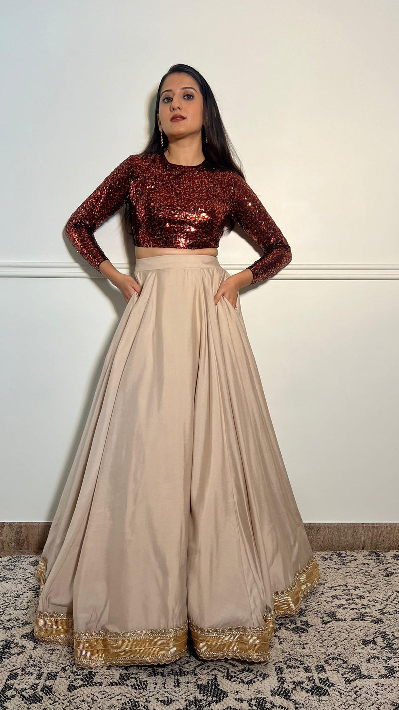 Reva x Tyohaar | Full Sleeves Red Sequined Saree Blouse with Jewel Neck-Binks