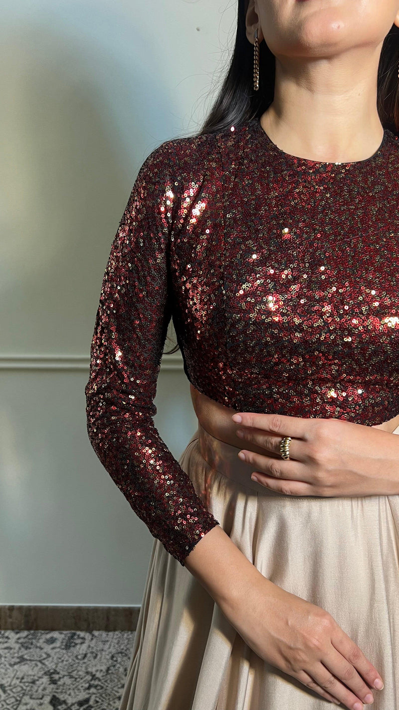 Reva x Tyohaar | Full Sleeves Red Sequined Saree Blouse with Jewel Neck-Binks