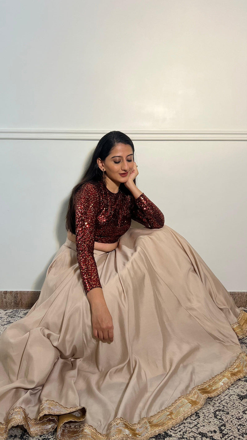 Reva x Tyohaar | Full Sleeves Red Sequined Saree Blouse with Jewel Neck-Binks