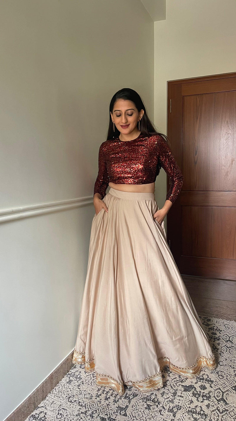 Reva x Tyohaar | Full Sleeves Red Sequined Saree Blouse with Jewel Neck-Binks