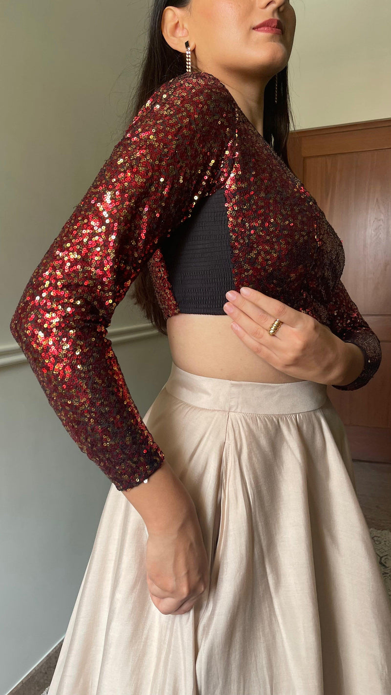 Reva x Tyohaar | Full Sleeves Red Sequined Saree Blouse with Jewel Neck-Binks