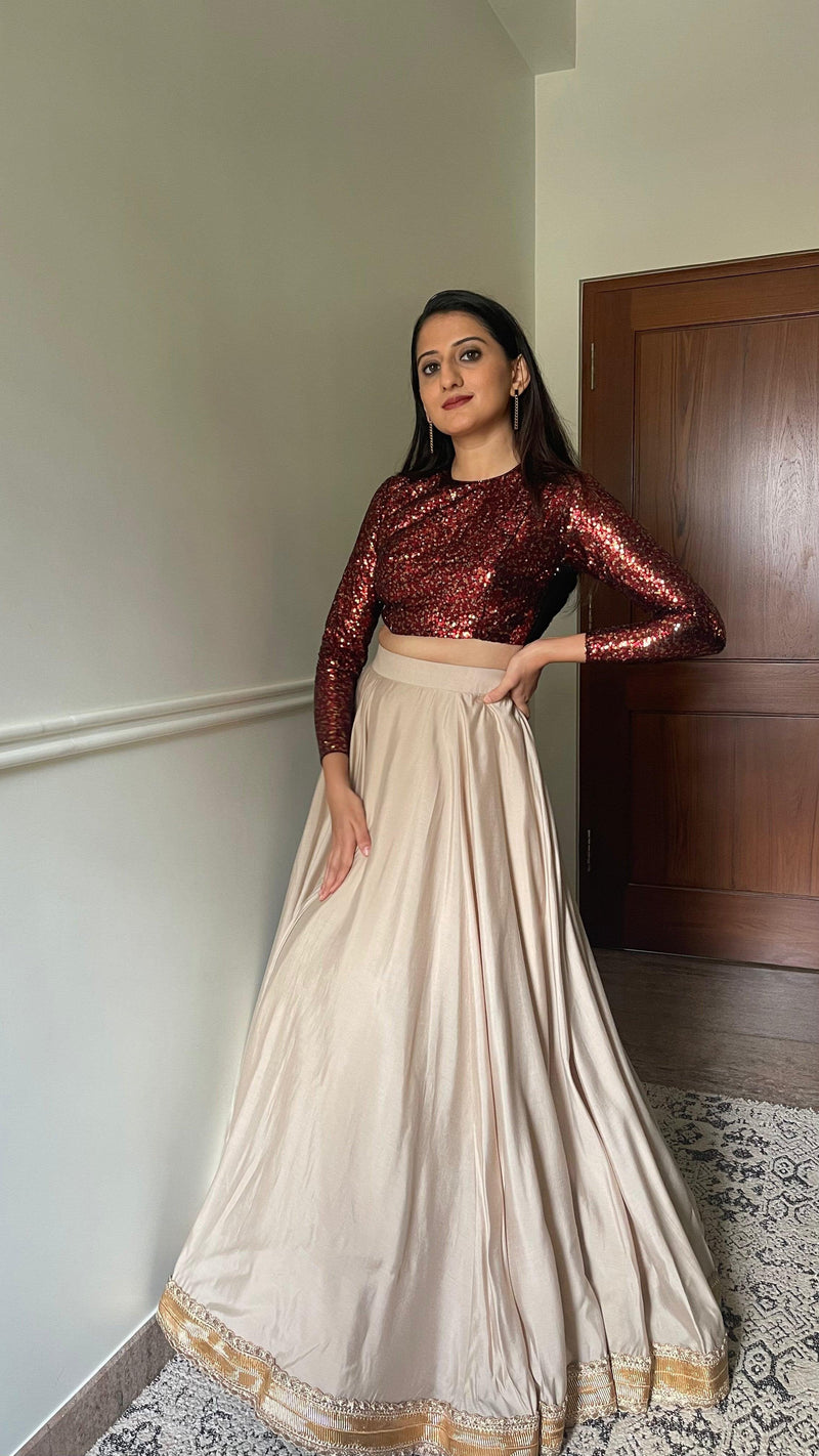 Reva x Tyohaar | Full Sleeves Red Sequined Saree Blouse with Jewel Neck-Binks