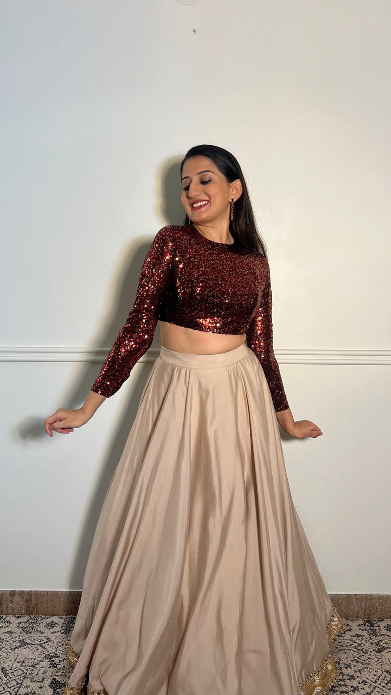 Reva x Tyohaar | Full Sleeves Red Sequined Saree Blouse with Jewel Neck-Binks