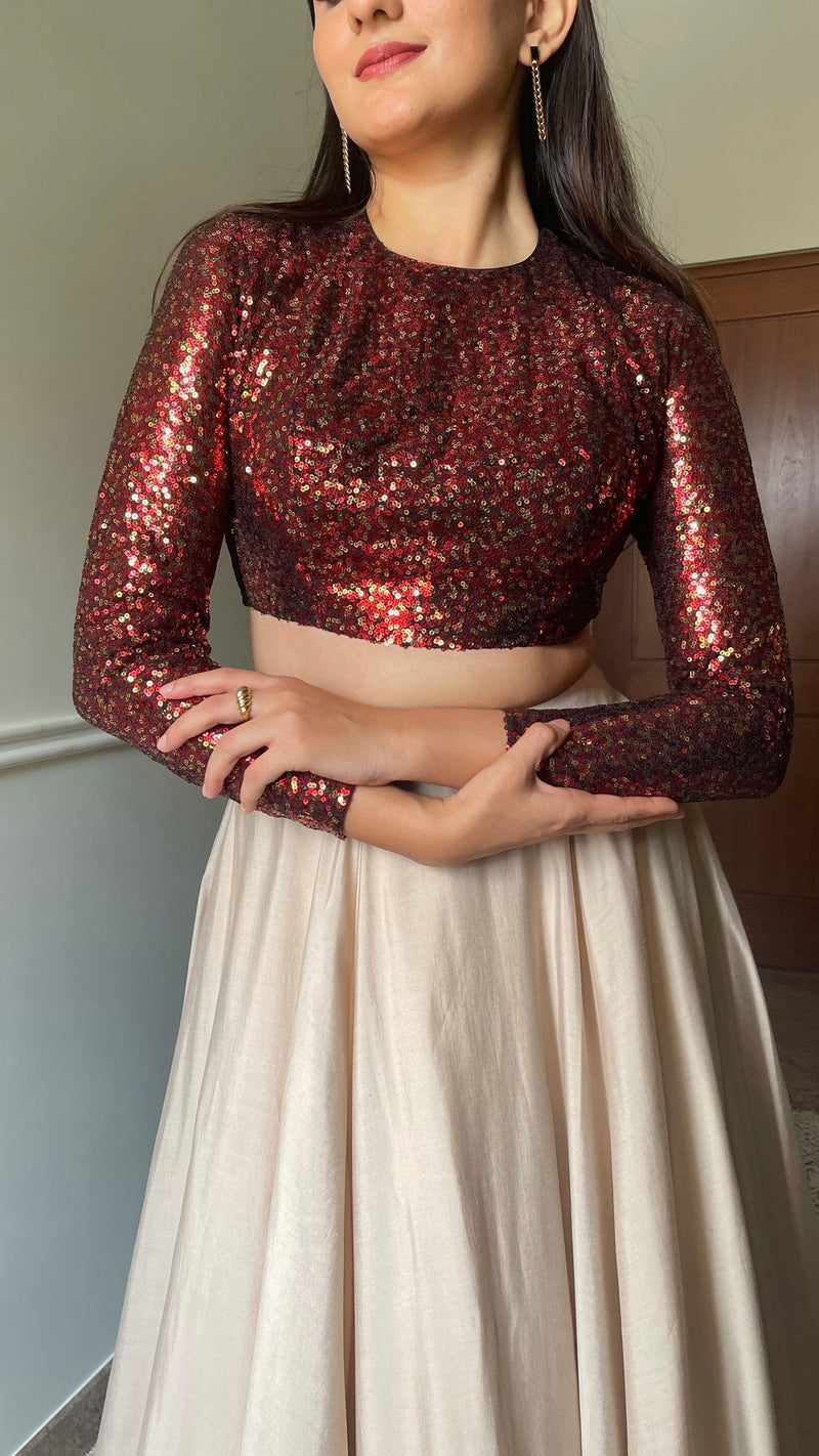 Reva x Tyohaar | Full Sleeves Red Sequined Saree Blouse with Jewel Neck-Binks