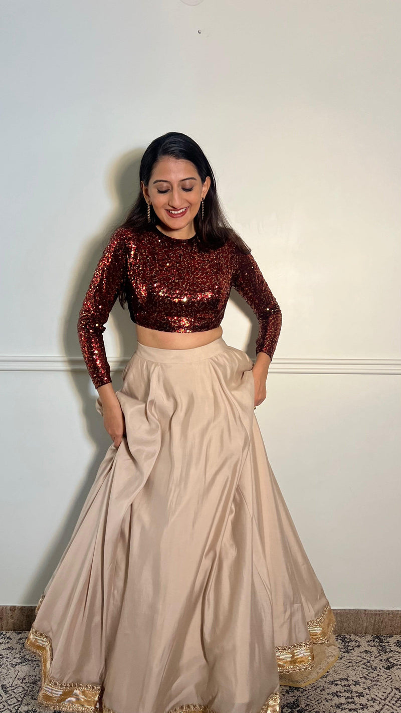 Reva x Tyohaar | Full Sleeves Red Sequined Saree Blouse with Jewel Neck-Binks