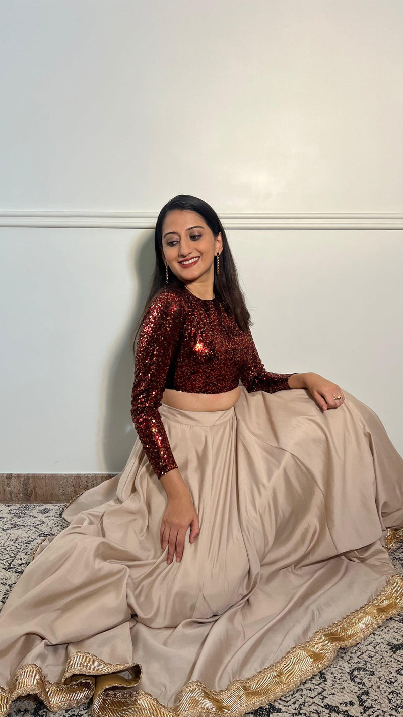 Reva x Tyohaar | Full Sleeves Red Sequined Saree Blouse with Jewel Neck-Binks