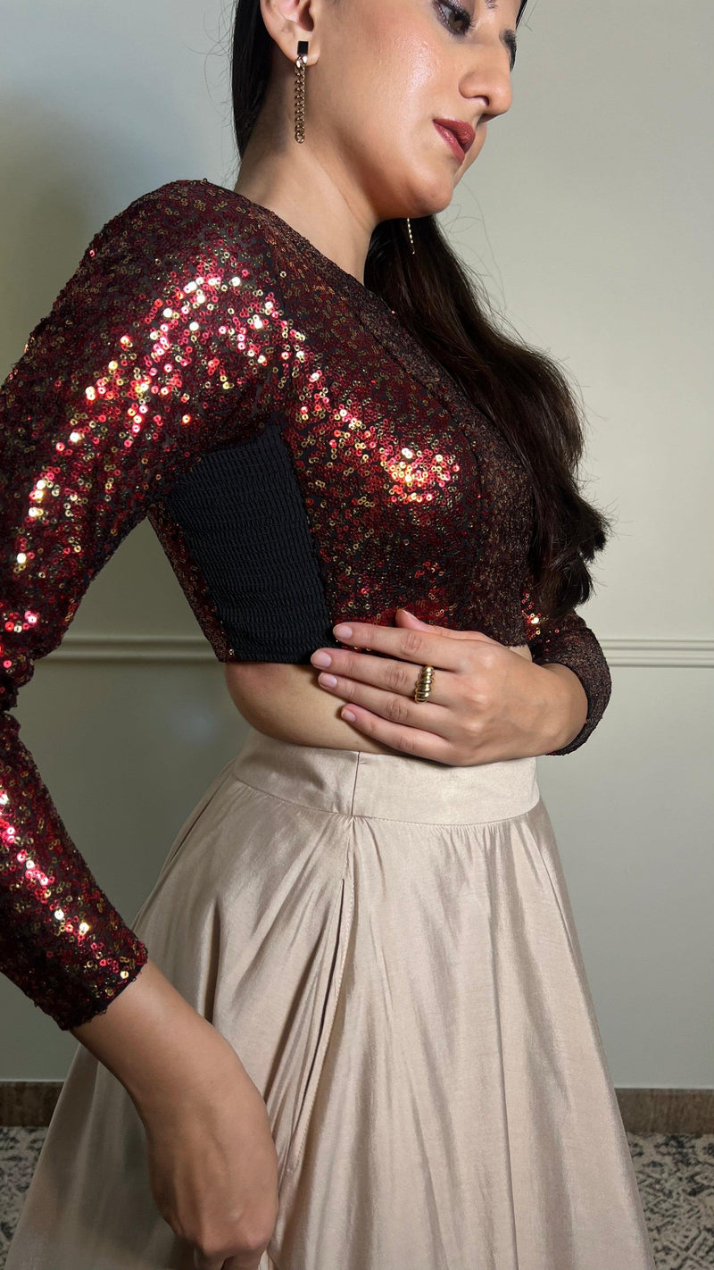 Reva x Tyohaar | Full Sleeves Red Sequined Saree Blouse with Jewel Neck-Binks