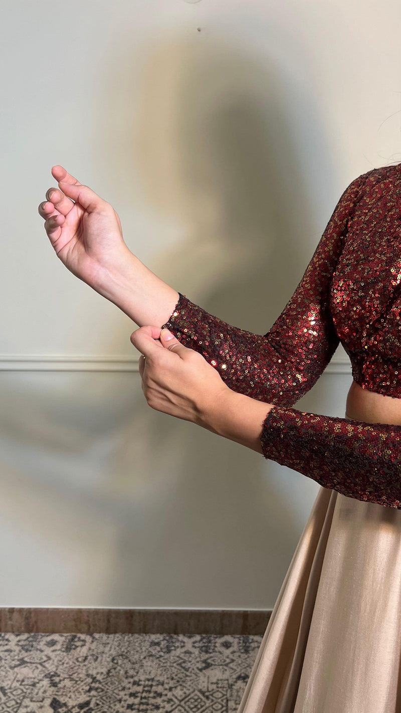 Reva x Tyohaar | Full Sleeves Red Sequined Saree Blouse with Jewel Neck-Binks