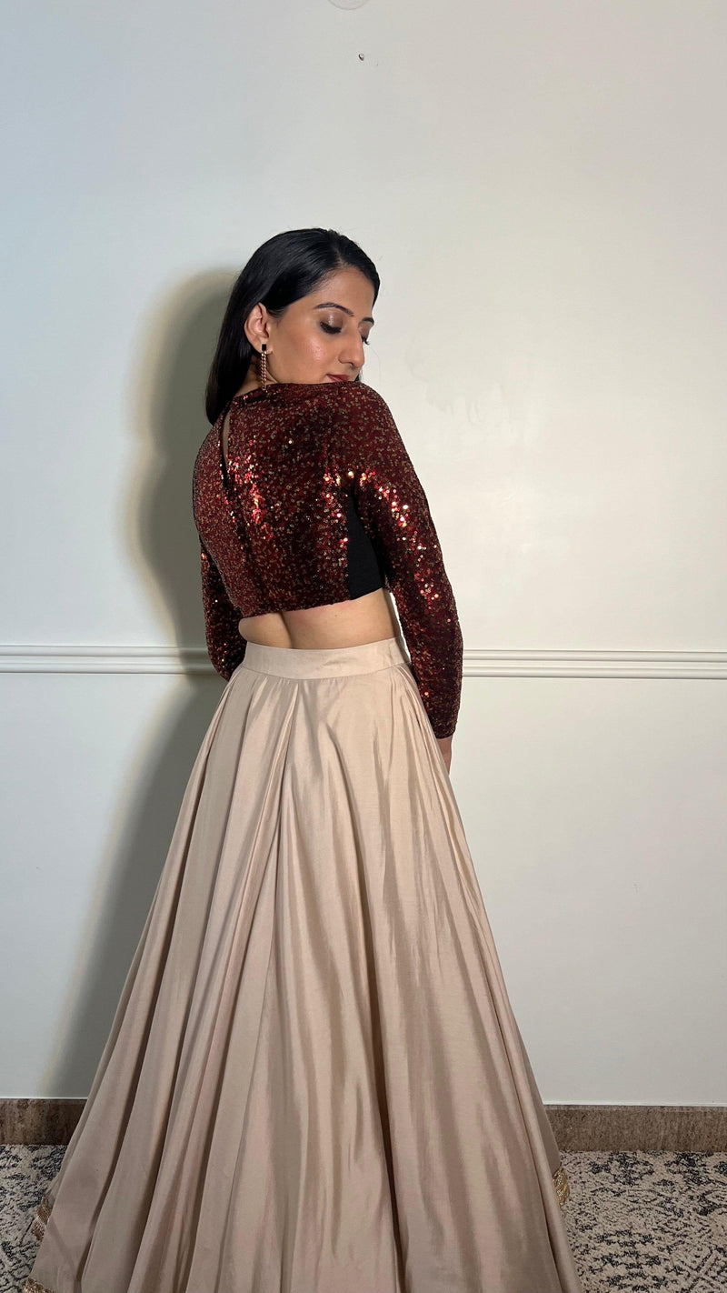 Reva x Tyohaar | Full Sleeves Red Sequined Saree Blouse with Jewel Neck-Binks