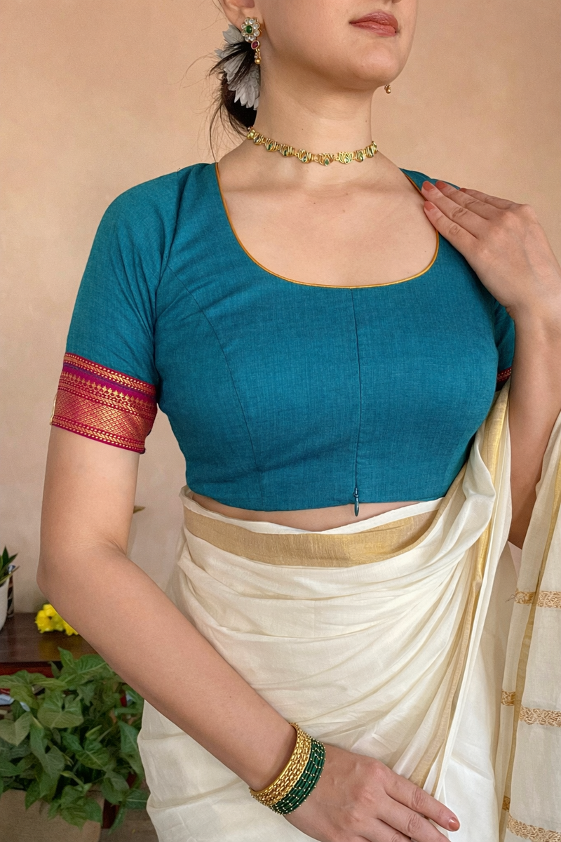 Revathi x Tyohaar | Elbow Sleeves Cerulean Blue Mangalgiri Cotton Saree Blouse-Binks