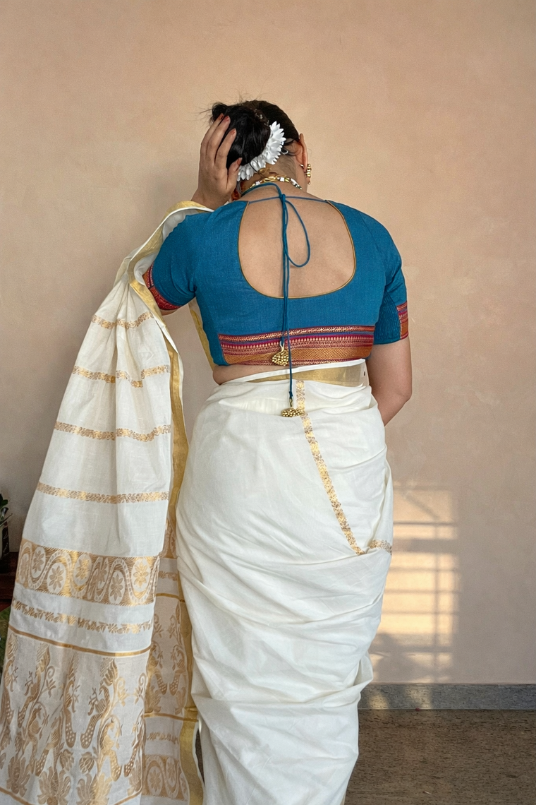 Revathi x Tyohaar Saree Blouse, in Blue 100% Cotton - Mangalgiri, featuring elbow sleeves and round neckline (view 2).