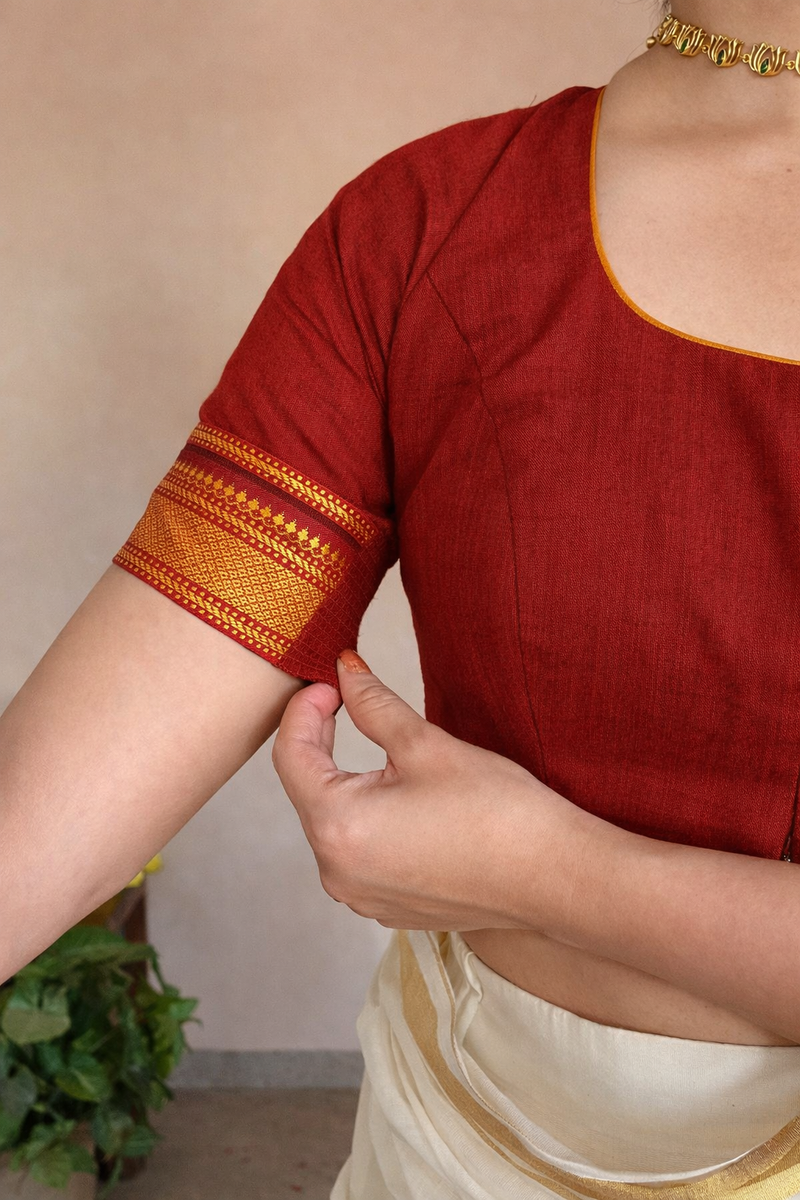 Revathi x Tyohaar | Elbow Sleeves Chilli Red Mangalgiri Cotton Saree Blouse-Binks