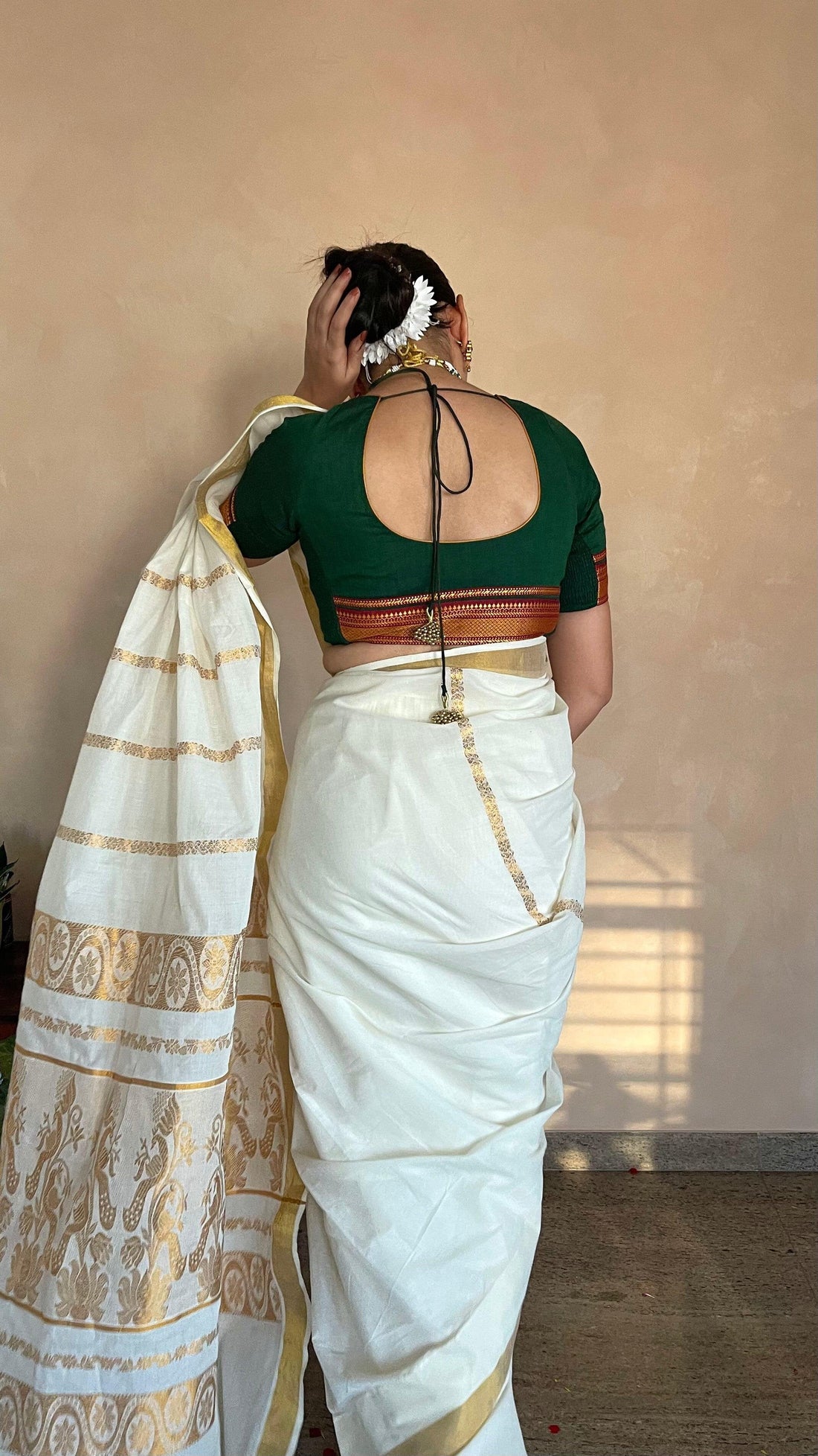 Revathi x Tyohaar Saree Blouse, in Green Cotton, featuring elbow sleeves, made for party & festive (view 2).