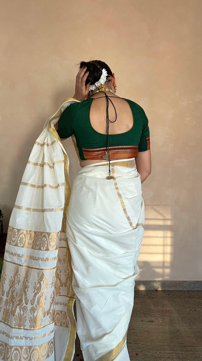 Revathi x Tyohaar | Mangalgiri Bottle Green 100% Cotton Blouse with Zari Border on Elbow Sleeves-Binks