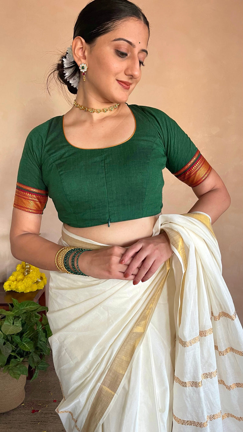 Revathi x Tyohaar | Mangalgiri Bottle Green 100% Cotton Blouse with Zari Border on Elbow Sleeves-Binks