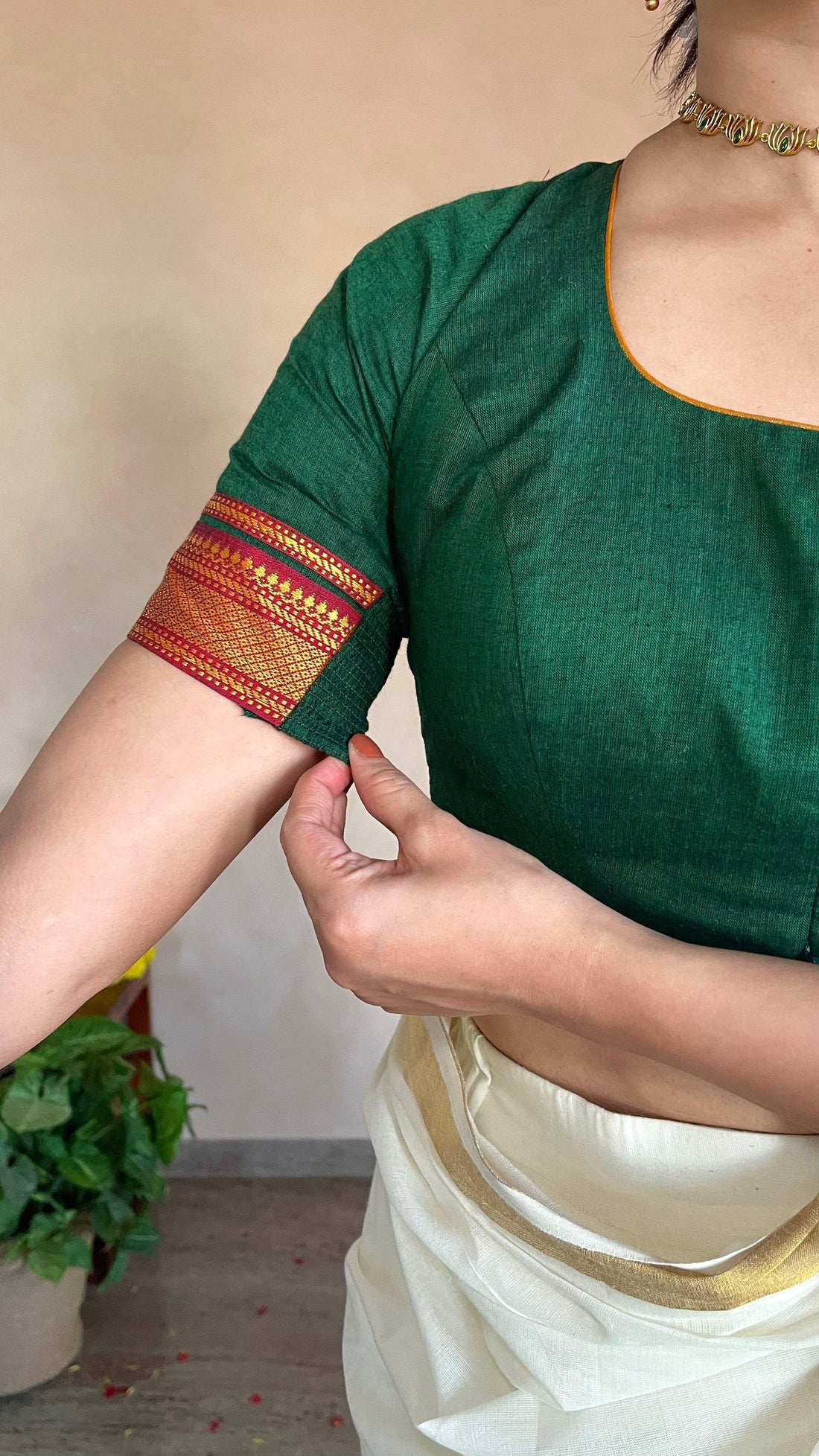 Revathi x Tyohaar Saree Blouse, in Green Cotton, featuring elbow sleeves, made for party & festive (view 5).
