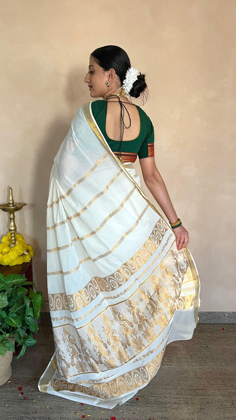 Revathi x Tyohaar | Mangalgiri Bottle Green 100% Cotton Blouse with Zari Border on Elbow Sleeves-Binks